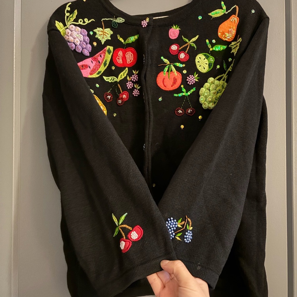 Beaded Rare Black Cardigan with Colorful beaded Fruit Embroidery (90s) Large